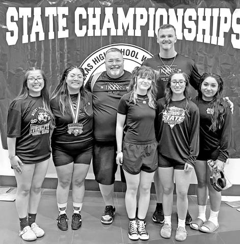 Lady Tiger Powerlifting at the 5A Division II state meet (L to R) Monse Gonzalez, Helen Munoz, Coach Don Woods, Cambria Malone, Coach Blake Lodes, Diana Ramirez, Linnet Cuellar