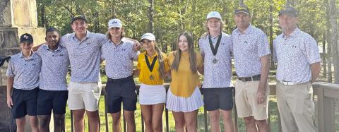 The MPHS golf team (L to R) Bradon Lowry, Christian Cruz, Alessandro Greco, Bennett Wall, Kylee Strickland, Kate Ball, Hogan Horn, Coach Benny Blaser and Coach David Zeigler