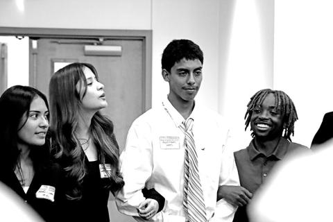MPHS FBLA members (L to R) Jennifer Luna, Leinad Rodriguez, Angel Flores, and Camauri play an ice breaker game