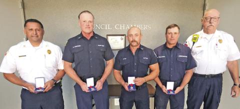 (L to R) Deputy Chief Aristeo Rodriguez, Captain Adam Decker, Driver Phil Fry, Firefighter Aaron Williams, Chief Larry McRae
