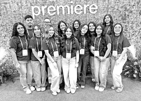 MPHS senior Cosmetology program members at the Premiere Hair Show in San Antonio. Front (L to R) Sofia Estrada, Alondra Santos, Yamileth Hernandez, Aradeliz Alarcon, Ashley Monreal, Joselyn Serrano, Denise Moreno. Back (L to R) Osiel Andrade, MPHS Cosmetology instructor Aleshia Rivera, Ashley Licona, Kaylee Leija, Hayde Reyes, Lucero Ayala Courtesy Photo