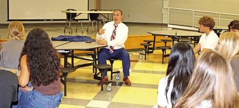 Congressman Nathaniel Moran speaks with Mount Pleasant High School sophomores in the MPHS cafeteria COURTESY PHOTO