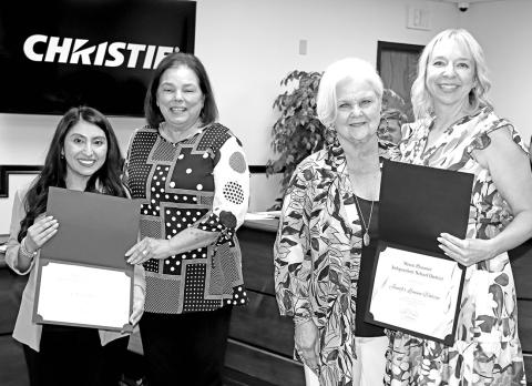 (L to R) Secondary Teacher of the Year Ana Muñoz, MPISD Board member Kim Crabb, MPISD Board member Sandy Bible, Elementary Teacher of the Year Leanna Watson COURTESY PHOTO