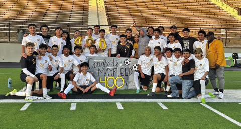 Mount Pleasant High School soccer coach, Jason Mayfield, earned his 400th win on Tuesday, March 26 in the bi-district playoff game vs. Lufkin. The Tigers defeated Lufkin 4-0 and have moved on to round 2 of the UIL 5A playoffs. They will play Sherman at Paris High School at 2:30 p.m. on Friday, March 29. COURTESY PHOTO